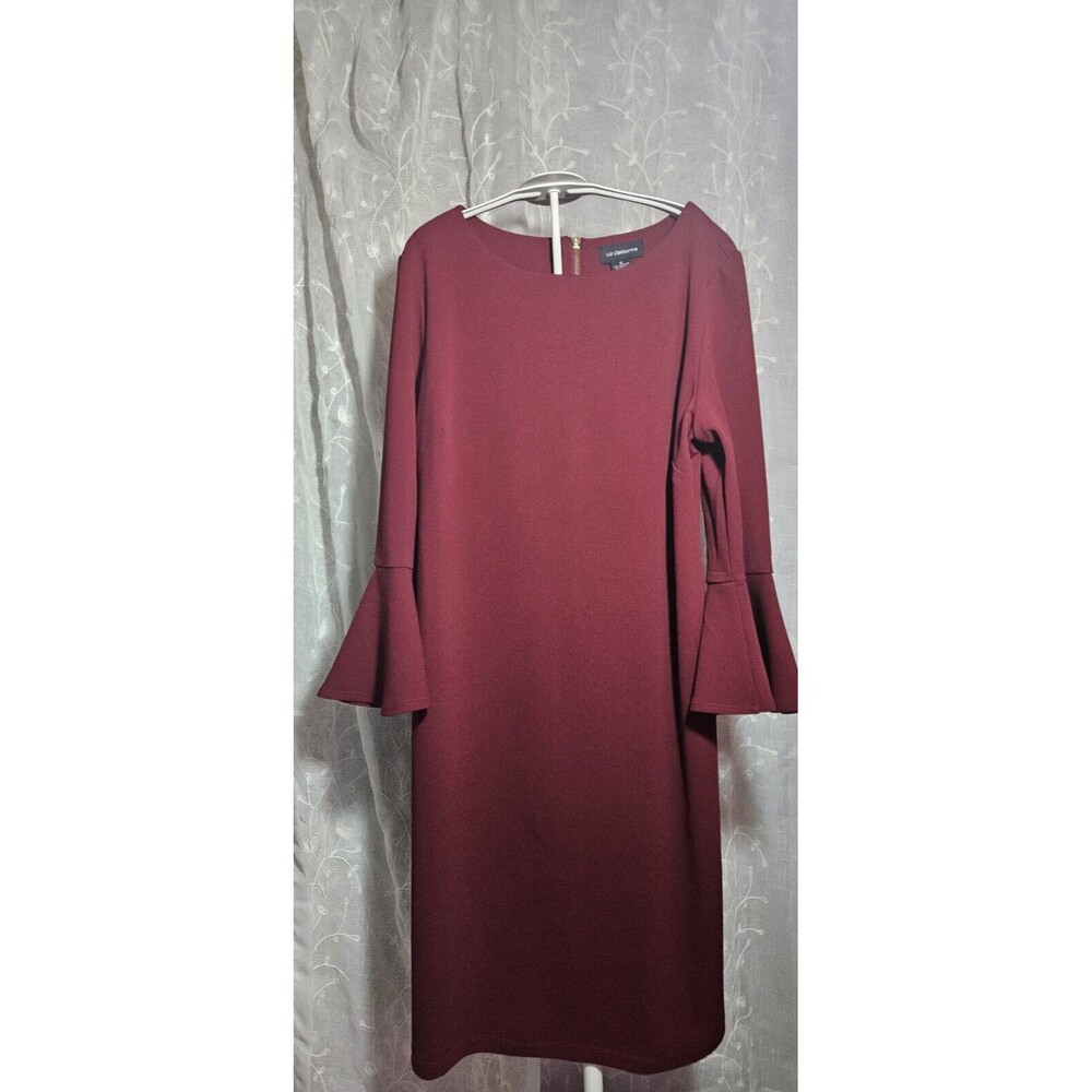 Liz Claiborne Women's Wine Red Ruffle Dress 3/4 Bell Sleeve Size 12 Old Money